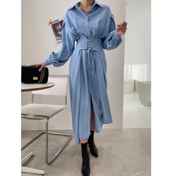 NWOT Korean Brand Black Corset Lace Up Long Belted Button Down Dress - Picture 14 of 16